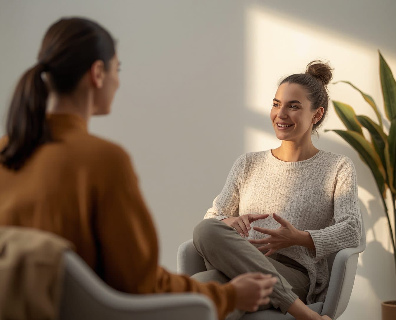 Két résztvevő beszélget egy health coaching gyakorlaton